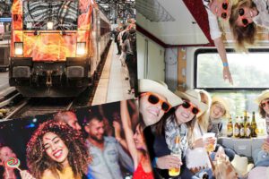 feiernde Menschen im Zug