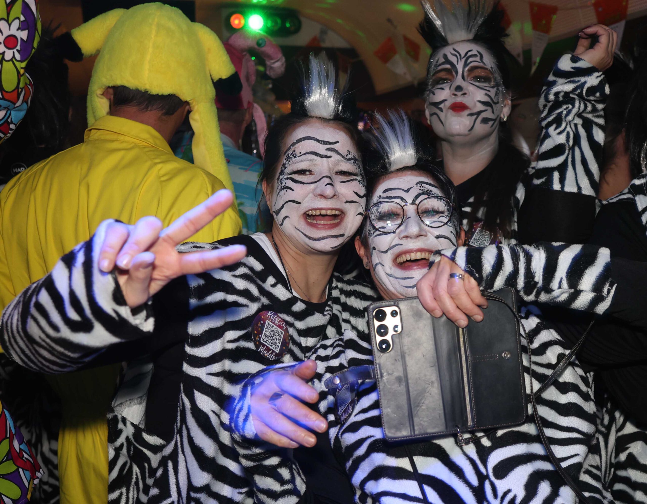Eine Gruppe von jecken Gästen feiert im MSM Partyzug auf dem Weg nach Köln Karneval