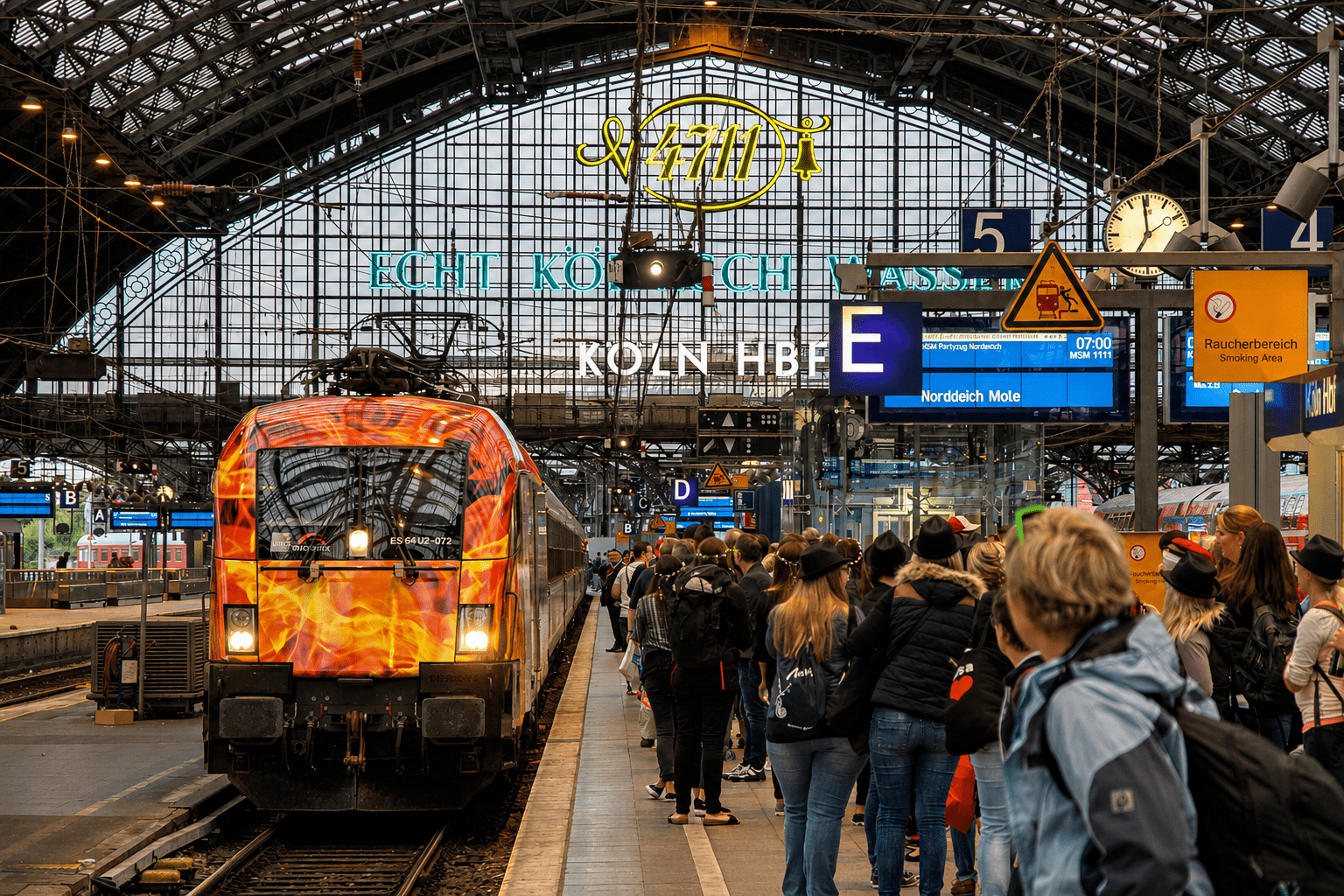 MSM Partyzug Der MSM Partyzug fährt in den Kölner Hauptbahnhof ein zur Abfahrt nach Norderney